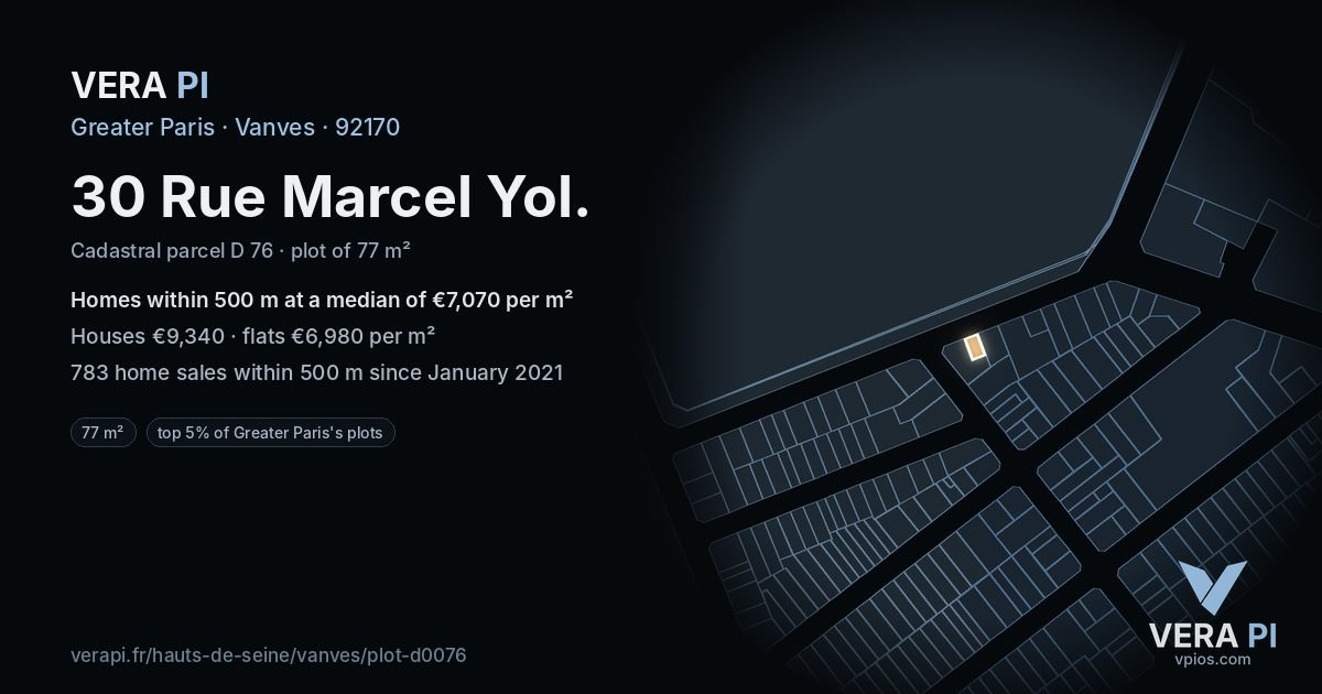 30 Rue Marcel Yol, Vanves at night – the plot lit, the parcels around coloured by the prices near them
