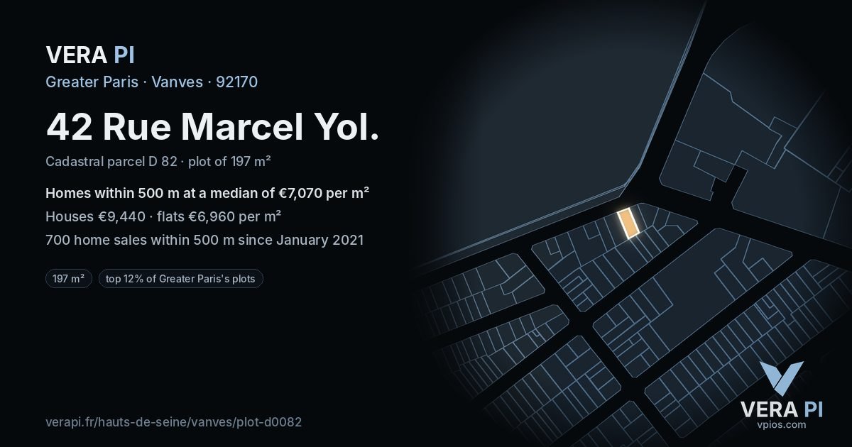 42 Rue Marcel Yol, Vanves at night – the plot lit, the parcels around coloured by the prices near them