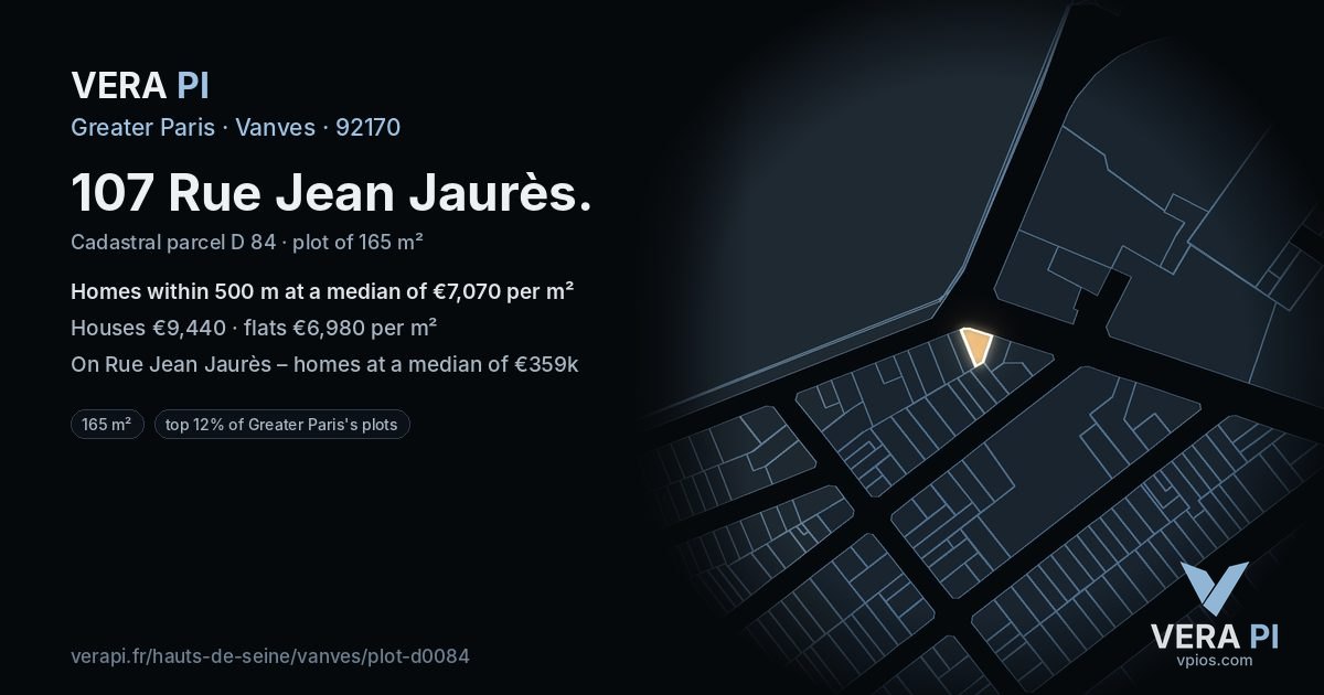 107 Rue Jean Jaurès, Vanves at night – the plot lit, the parcels around coloured by the prices near them
