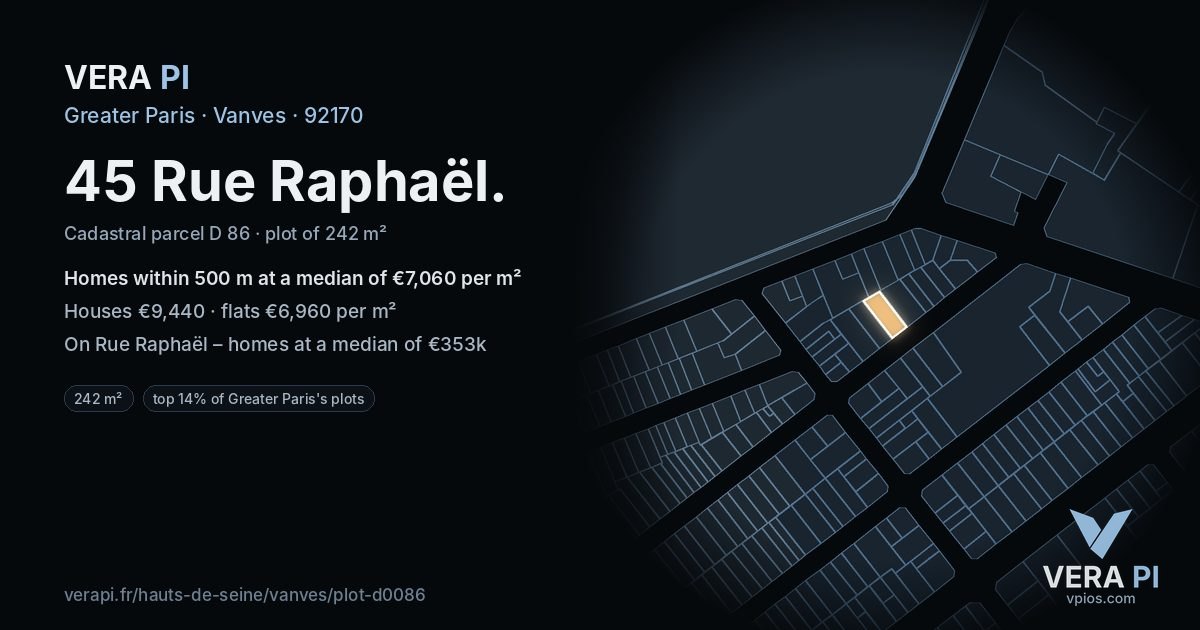 45 Rue Raphaël, Vanves at night – the plot lit, the parcels around coloured by the prices near them