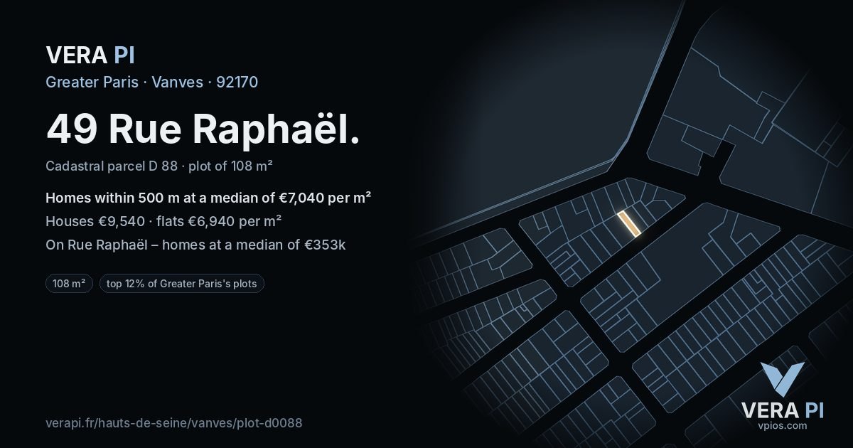 49 Rue Raphaël, Vanves at night – the plot lit, the parcels around coloured by the prices near them
