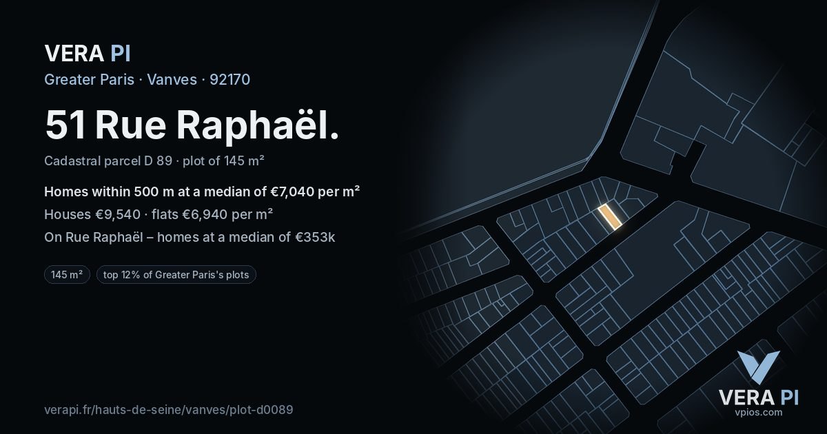 51 Rue Raphaël, Vanves at night – the plot lit, the parcels around coloured by the prices near them