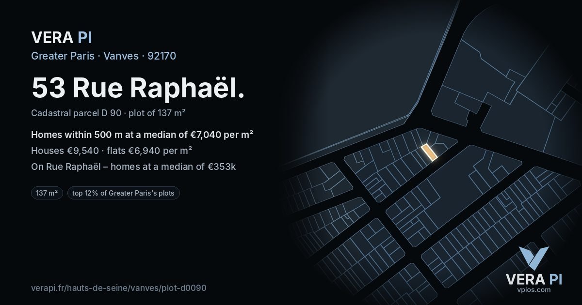 53 Rue Raphaël, Vanves at night – the plot lit, the parcels around coloured by the prices near them