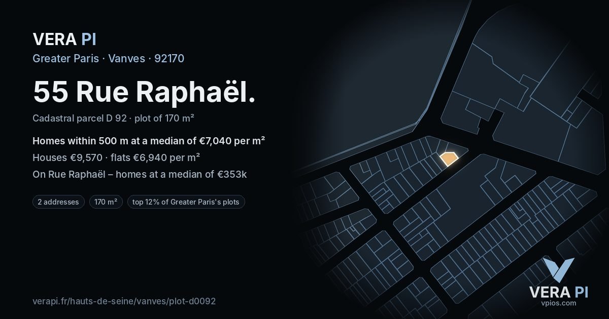 55 Rue Raphaël, Vanves at night – the plot lit, the parcels around coloured by the prices near them