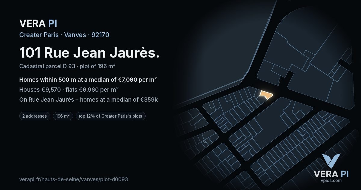 101 Rue Jean Jaurès, Vanves at night – the plot lit, the parcels around coloured by the prices near them