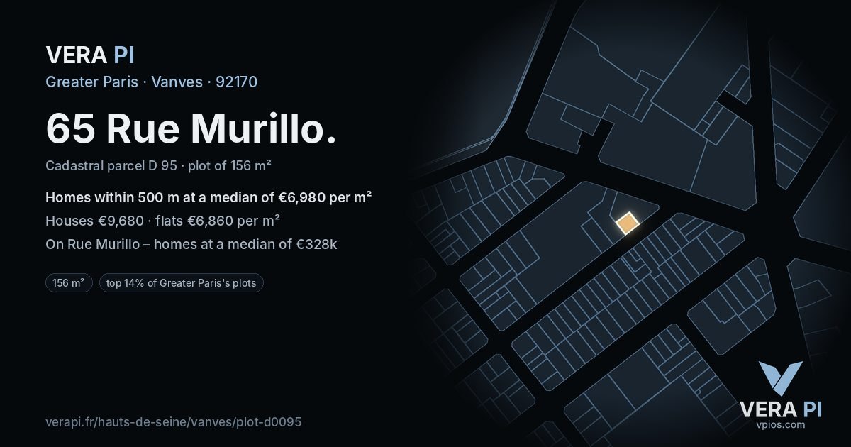 65 Rue Murillo, Vanves at night – the plot lit, the parcels around coloured by the prices near them