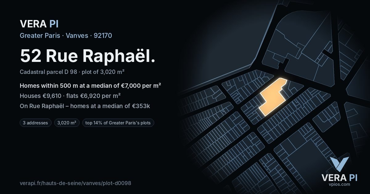 52 Rue Raphaël, Vanves at night – the plot lit, the parcels around coloured by the prices near them
