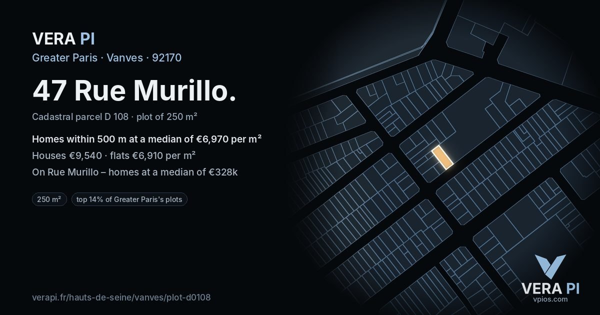 47 Rue Murillo, Vanves at night – the plot lit, the parcels around coloured by the prices near them