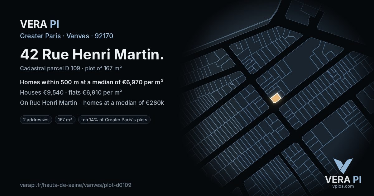 42 Rue Henri Martin, Vanves at night – the plot lit, the parcels around coloured by the prices near them