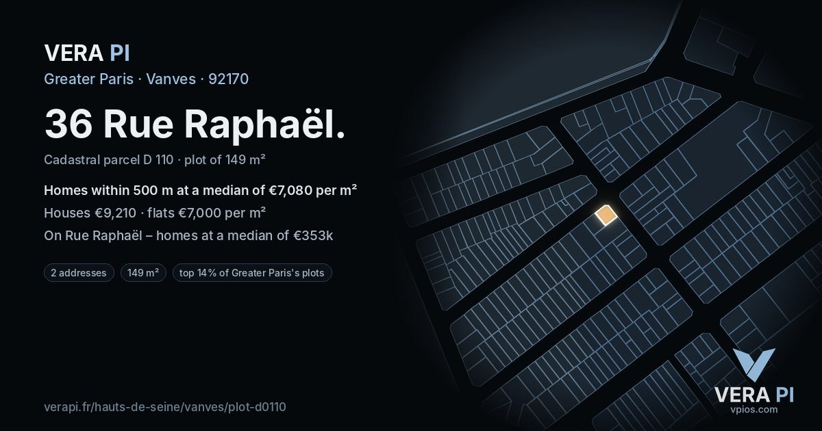 36 Rue Raphaël, Vanves at night – the plot lit, the parcels around coloured by the prices near them
