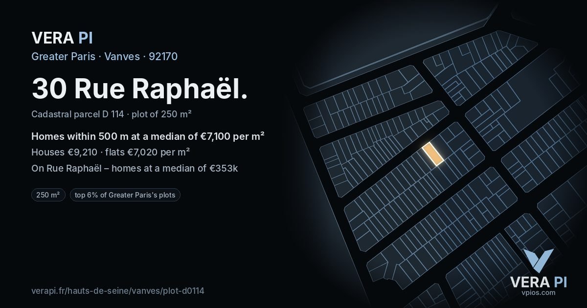 30 Rue Raphaël, Vanves at night – the plot lit, the parcels around coloured by the prices near them