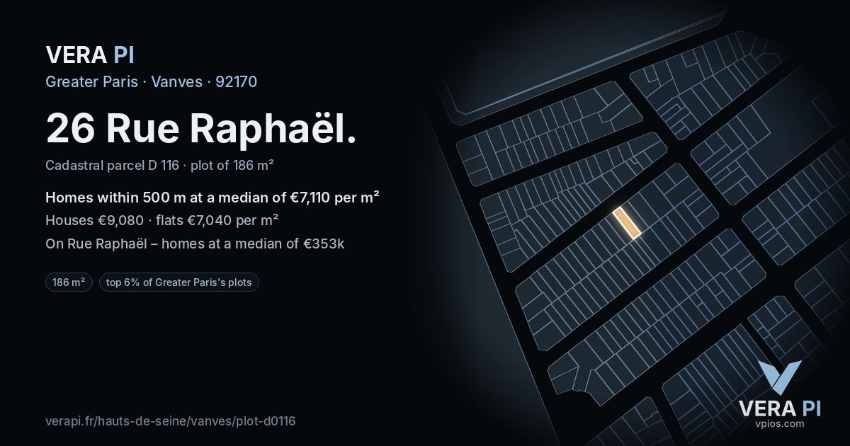 26 Rue Raphaël, Vanves at night – the plot lit, the parcels around coloured by the prices near them