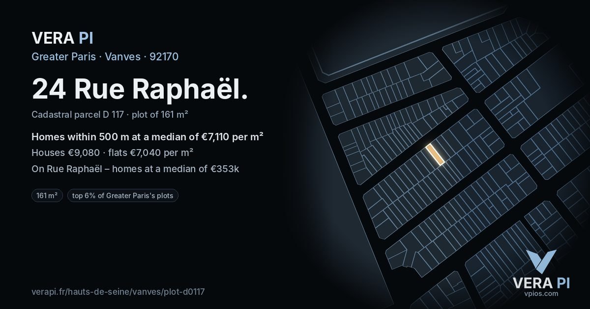 24 Rue Raphaël, Vanves at night – the plot lit, the parcels around coloured by the prices near them