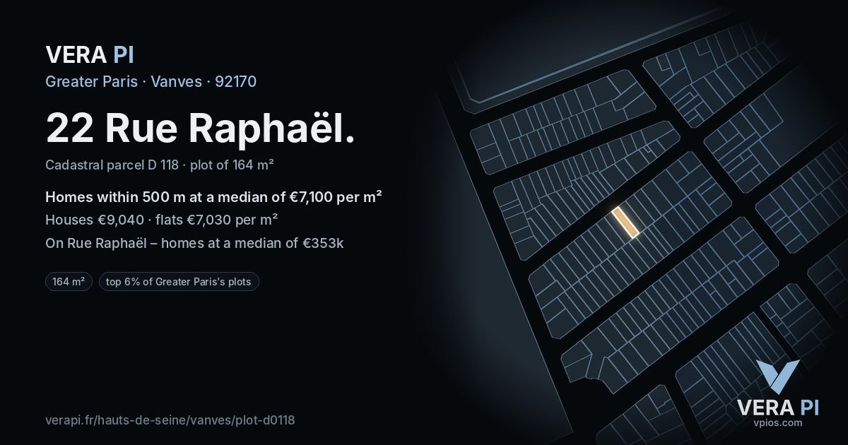 22 Rue Raphaël, Vanves at night – the plot lit, the parcels around coloured by the prices near them