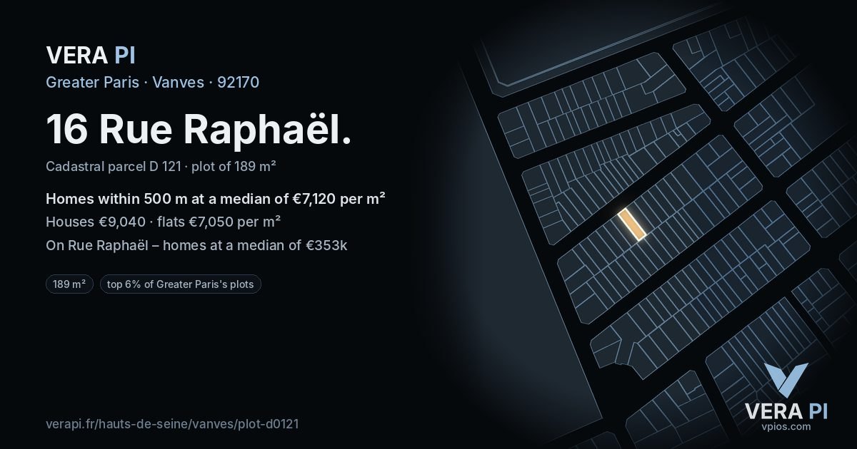 16 Rue Raphaël, Vanves at night – the plot lit, the parcels around coloured by the prices near them