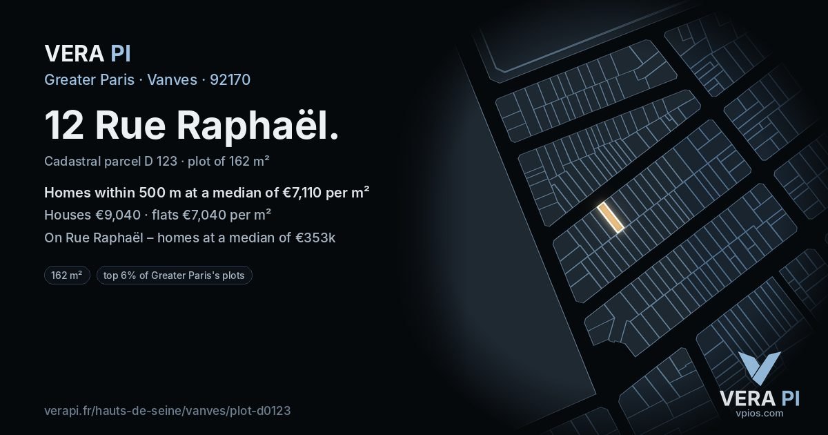 12 Rue Raphaël, Vanves at night – the plot lit, the parcels around coloured by the prices near them