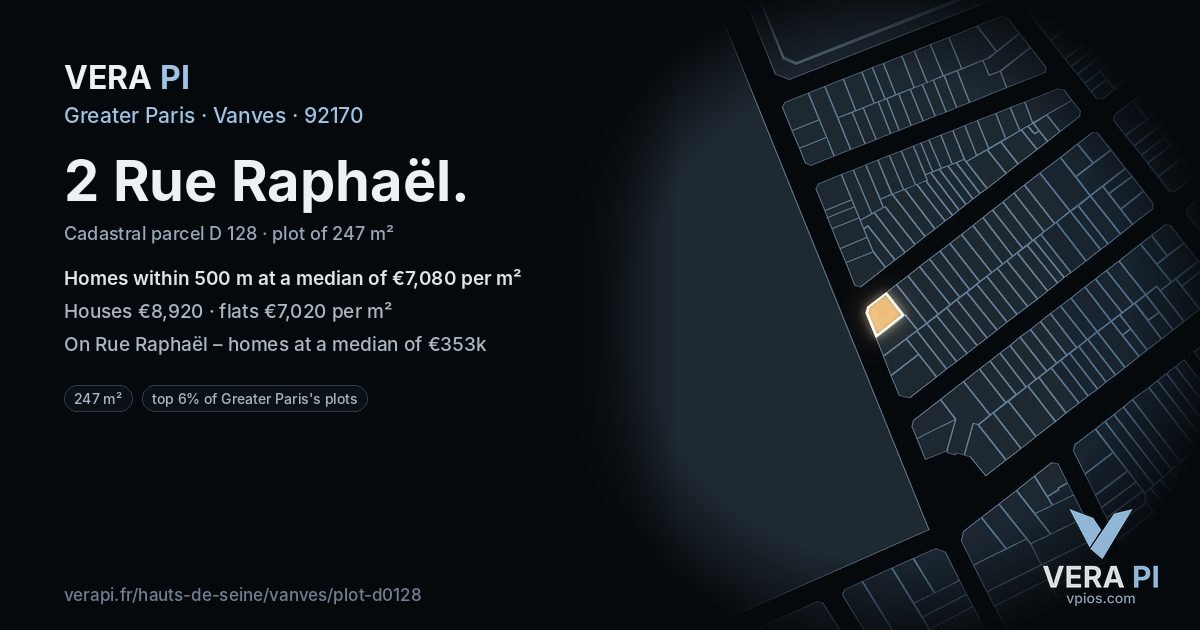 2 Rue Raphaël, Vanves at night – the plot lit, the parcels around coloured by the prices near them
