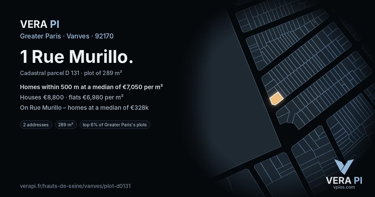 1 Rue Murillo, Vanves at night – the plot lit, the parcels around coloured by the prices near them
