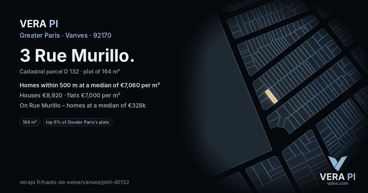 3 Rue Murillo, Vanves at night – the plot lit, the parcels around coloured by the prices near them