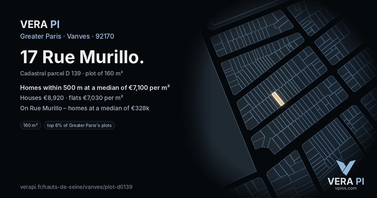 17 Rue Murillo, Vanves at night – the plot lit, the parcels around coloured by the prices near them