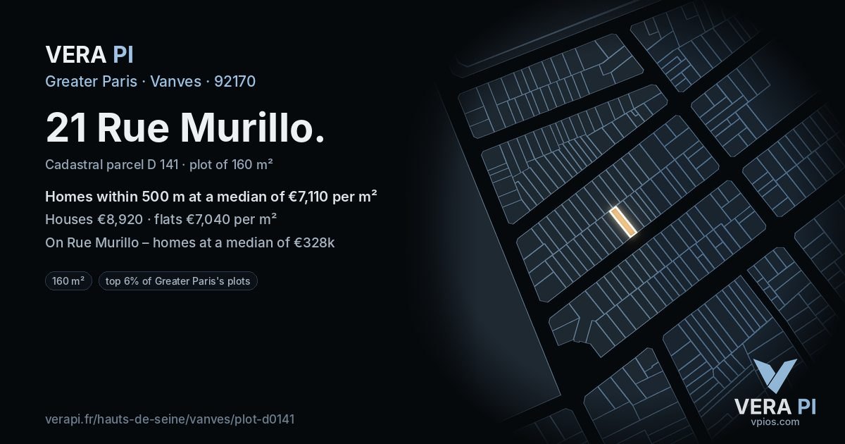 21 Rue Murillo, Vanves at night – the plot lit, the parcels around coloured by the prices near them