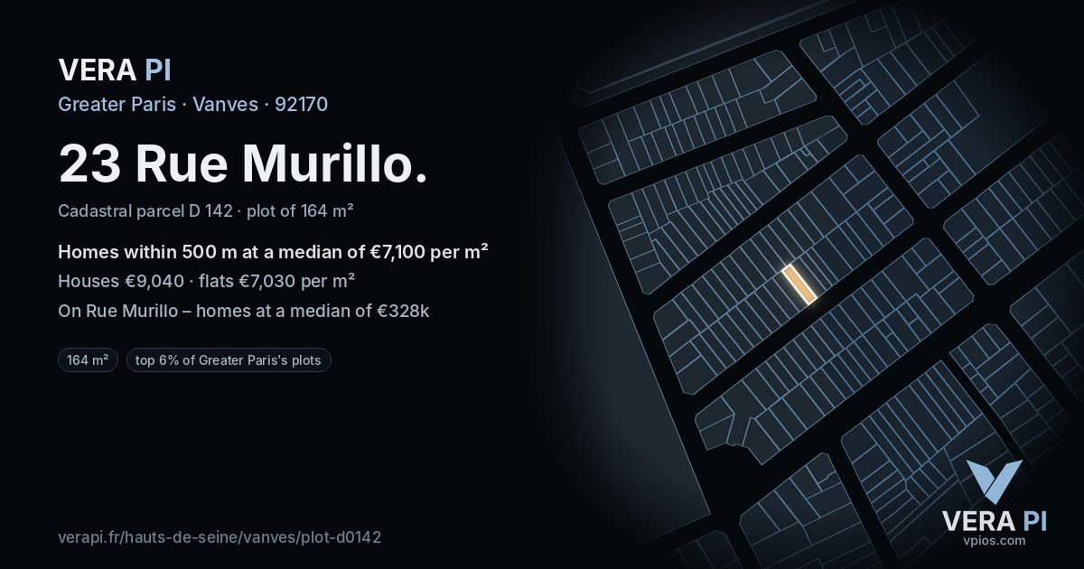23 Rue Murillo, Vanves at night – the plot lit, the parcels around coloured by the prices near them