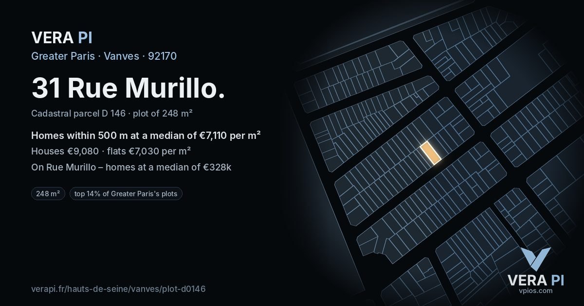31 Rue Murillo, Vanves at night – the plot lit, the parcels around coloured by the prices near them