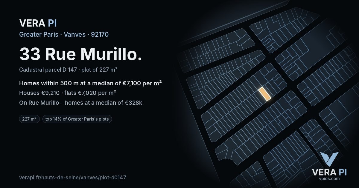 33 Rue Murillo, Vanves at night – the plot lit, the parcels around coloured by the prices near them