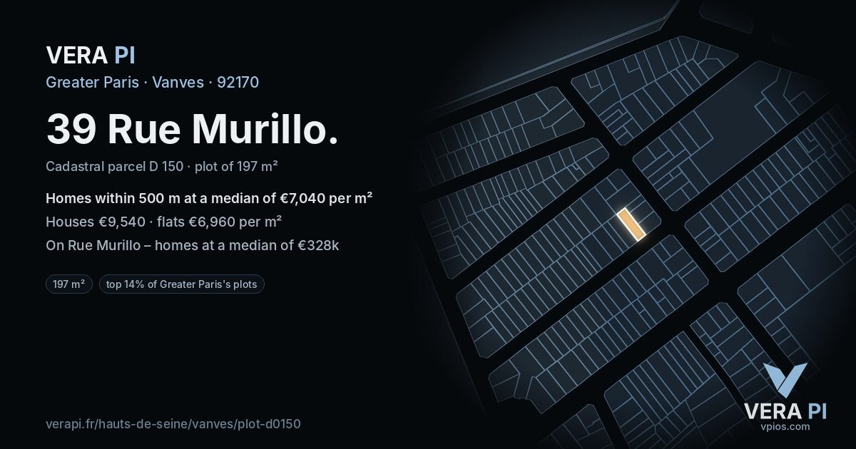 39 Rue Murillo, Vanves at night – the plot lit, the parcels around coloured by the prices near them