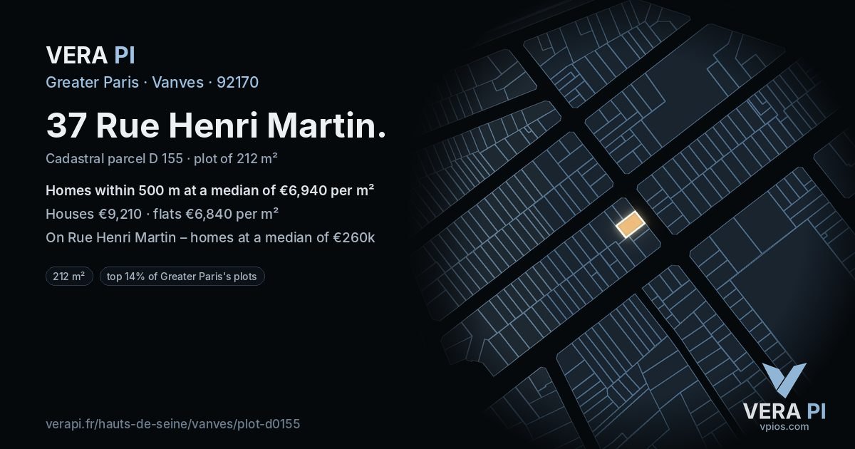37 Rue Henri Martin, Vanves at night – the plot lit, the parcels around coloured by the prices near them