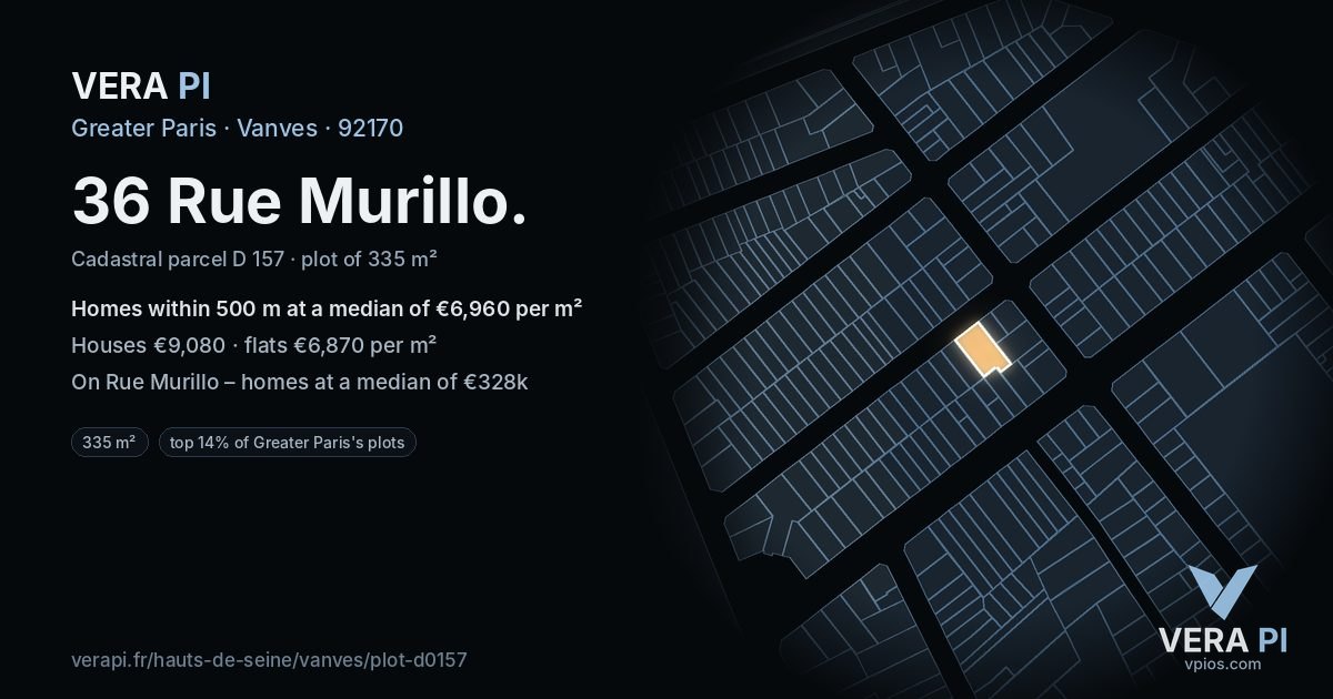 36 Rue Murillo, Vanves at night – the plot lit, the parcels around coloured by the prices near them