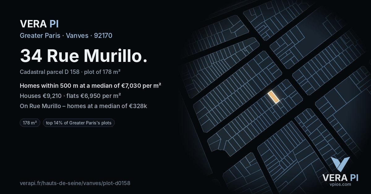 34 Rue Murillo, Vanves at night – the plot lit, the parcels around coloured by the prices near them