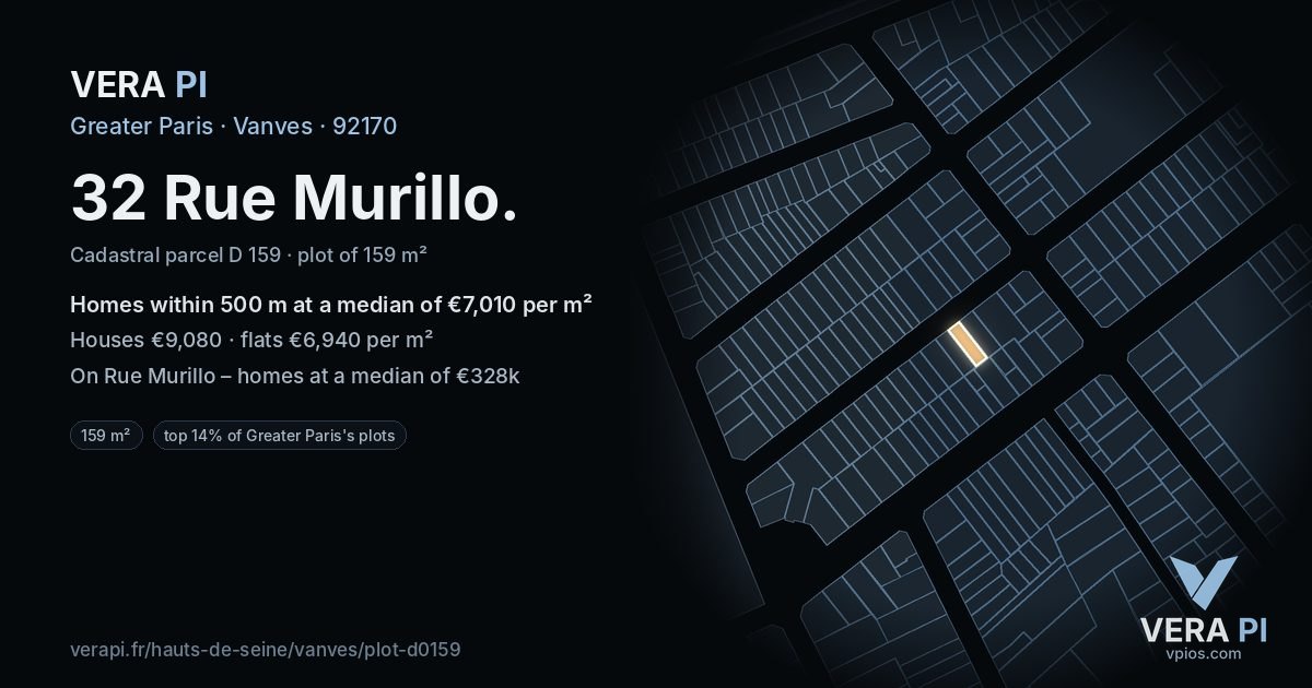 32 Rue Murillo, Vanves at night – the plot lit, the parcels around coloured by the prices near them