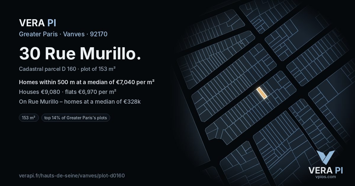 30 Rue Murillo, Vanves at night – the plot lit, the parcels around coloured by the prices near them