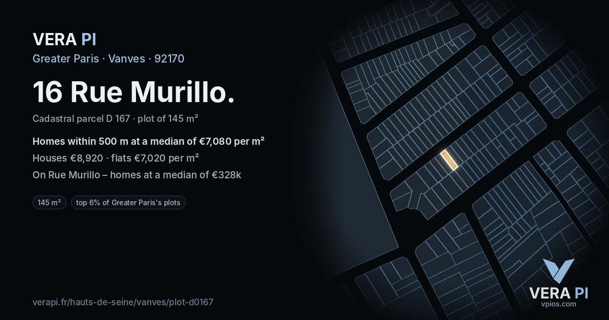 16 Rue Murillo, Vanves at night – the plot lit, the parcels around coloured by the prices near them