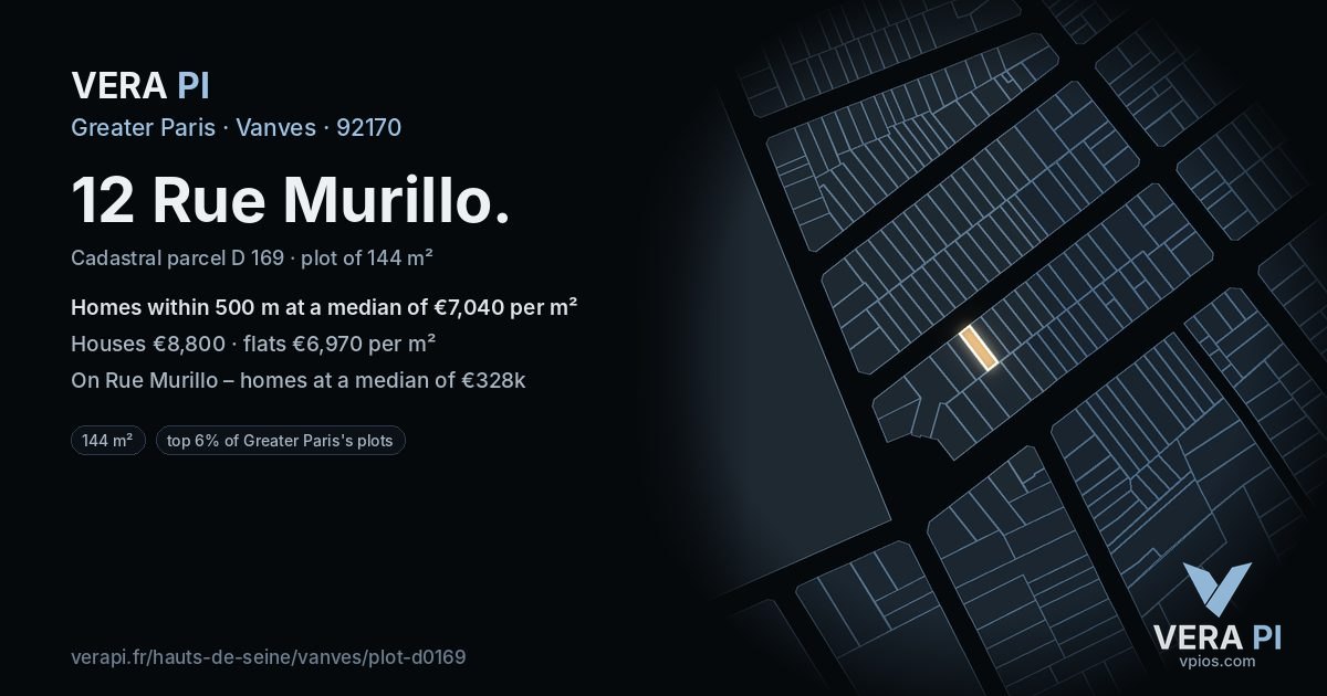 12 Rue Murillo, Vanves at night – the plot lit, the parcels around coloured by the prices near them