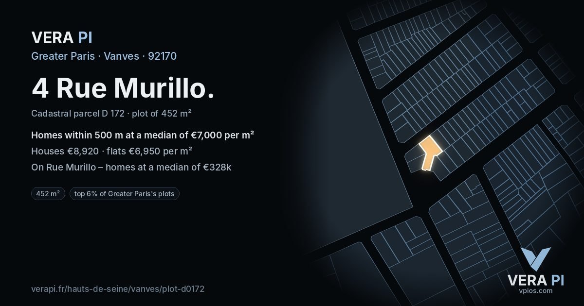 4 Rue Murillo, Vanves at night – the plot lit, the parcels around coloured by the prices near them