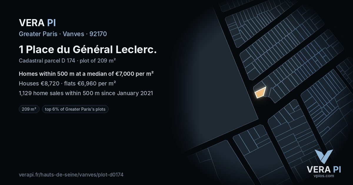 1 Place du Général Leclerc, Vanves at night – the plot lit, the parcels around coloured by the prices near them