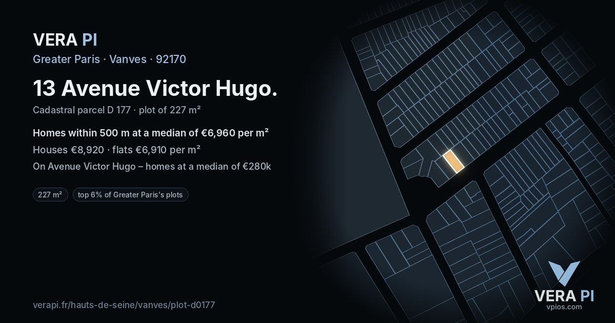 13 Avenue Victor Hugo, Vanves at night – the plot lit, the parcels around coloured by the prices near them