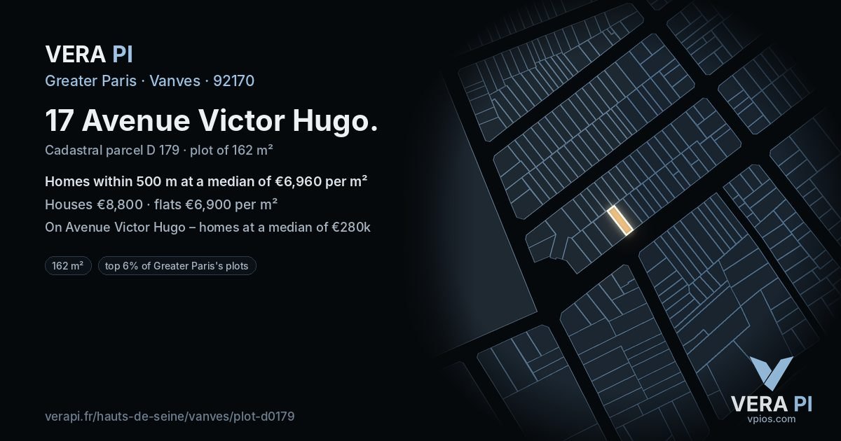 17 Avenue Victor Hugo, Vanves at night – the plot lit, the parcels around coloured by the prices near them