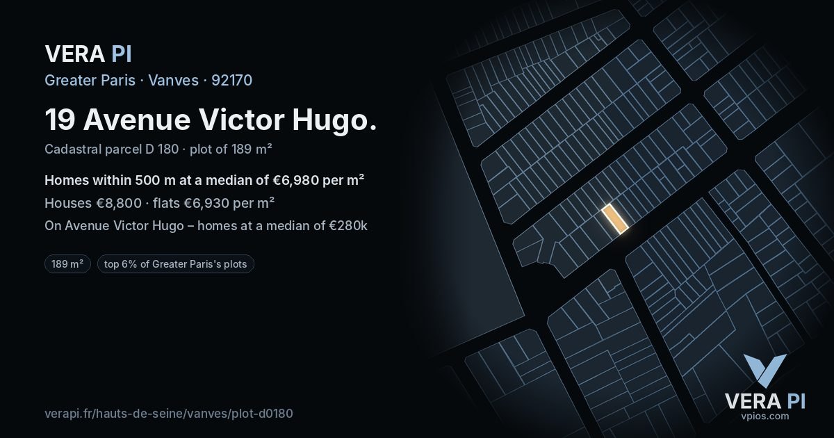 19 Avenue Victor Hugo, Vanves at night – the plot lit, the parcels around coloured by the prices near them