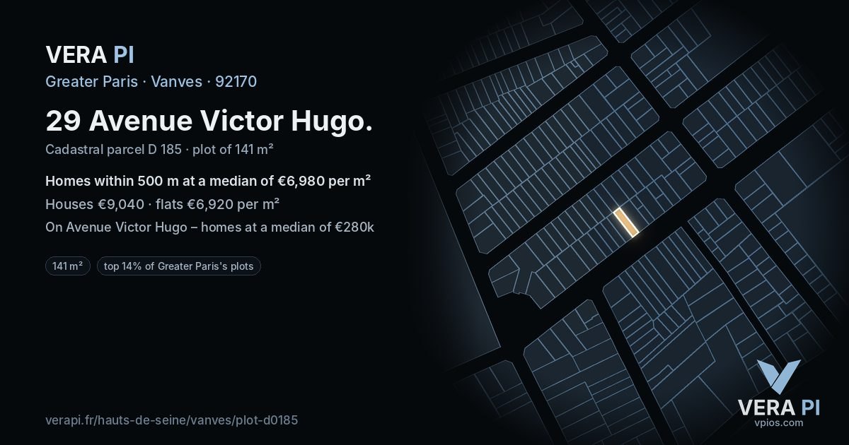 29 Avenue Victor Hugo, Vanves at night – the plot lit, the parcels around coloured by the prices near them