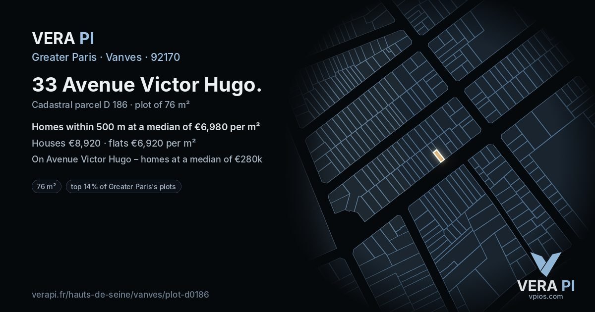 33 Avenue Victor Hugo, Vanves at night – the plot lit, the parcels around coloured by the prices near them