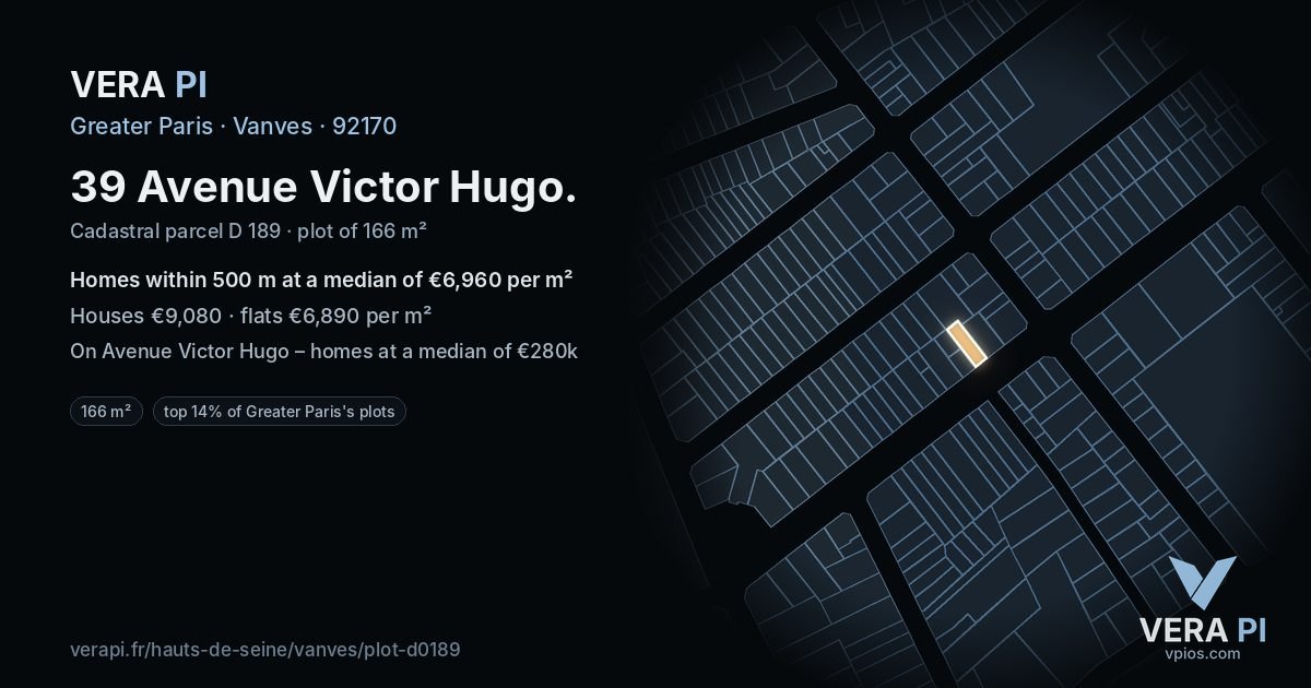 39 Avenue Victor Hugo, Vanves at night – the plot lit, the parcels around coloured by the prices near them