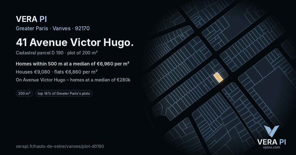 41 Avenue Victor Hugo, Vanves at night – the plot lit, the parcels around coloured by the prices near them