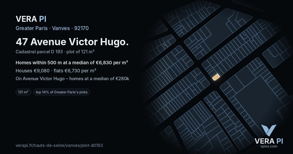 47 Avenue Victor Hugo, Vanves at night – the plot lit, the parcels around coloured by the prices near them