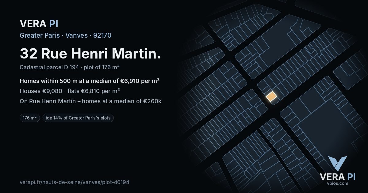 32 Rue Henri Martin, Vanves at night – the plot lit, the parcels around coloured by the prices near them