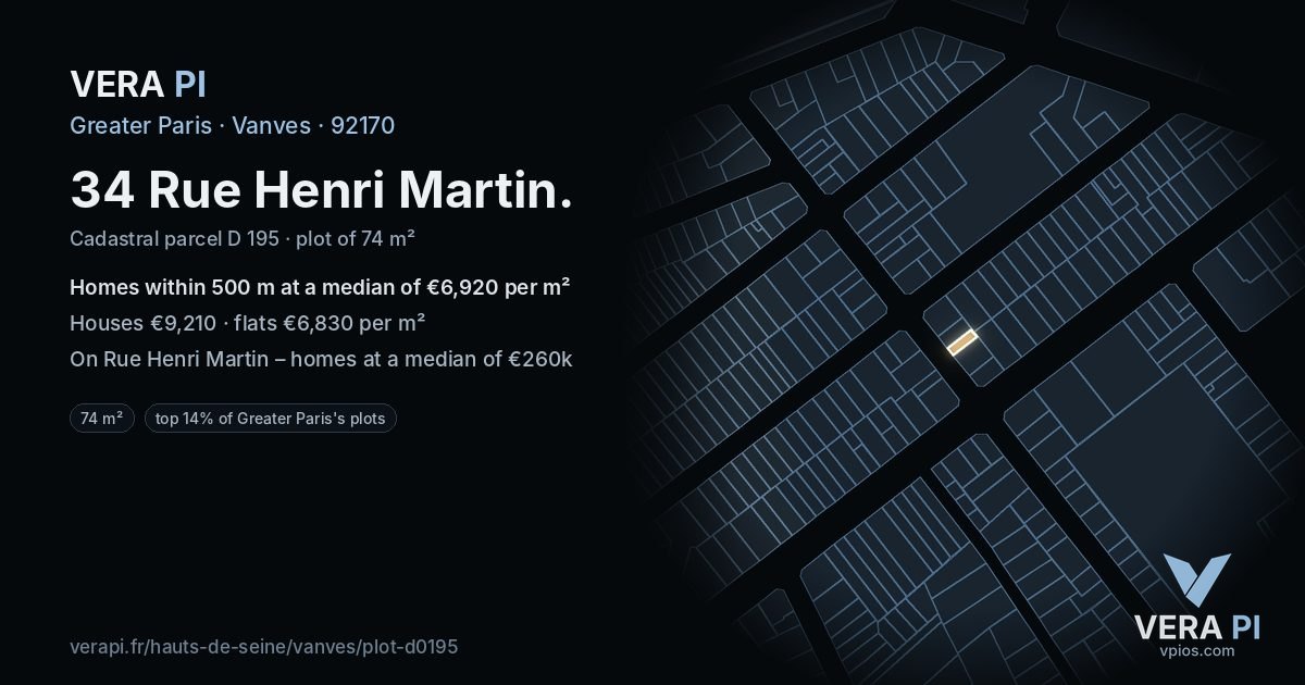 34 Rue Henri Martin, Vanves at night – the plot lit, the parcels around coloured by the prices near them