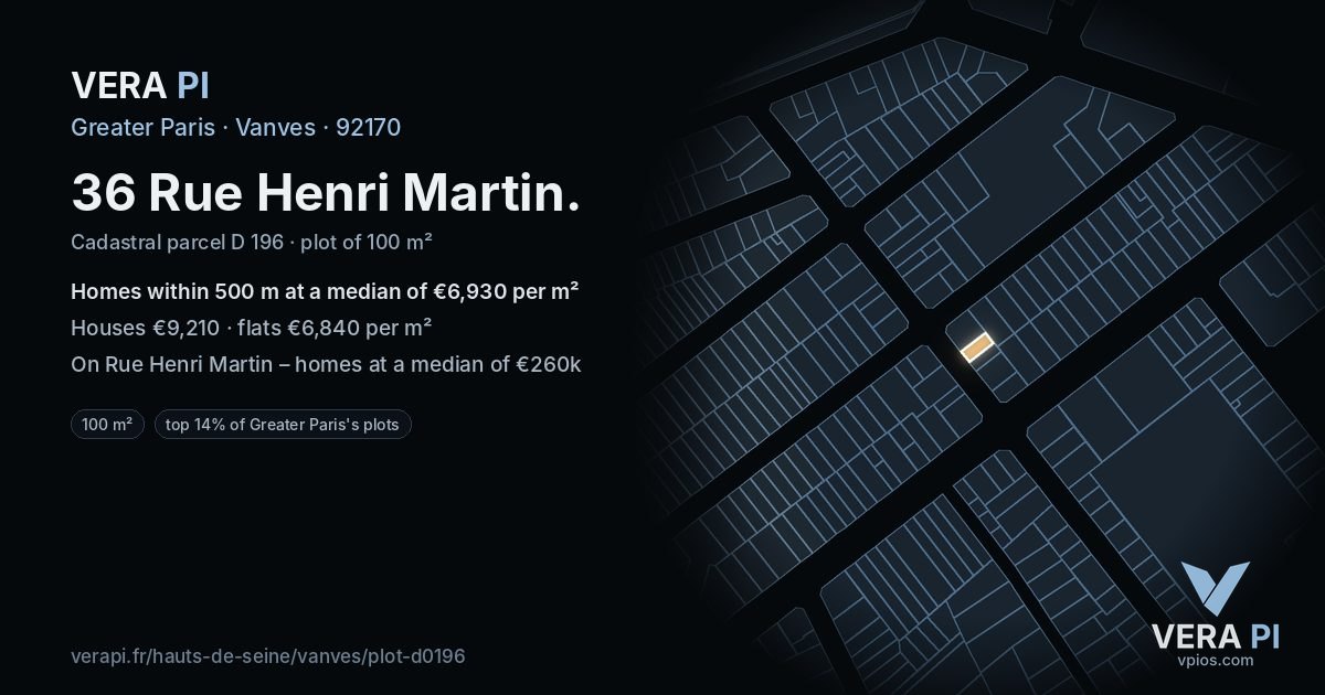 36 Rue Henri Martin, Vanves at night – the plot lit, the parcels around coloured by the prices near them