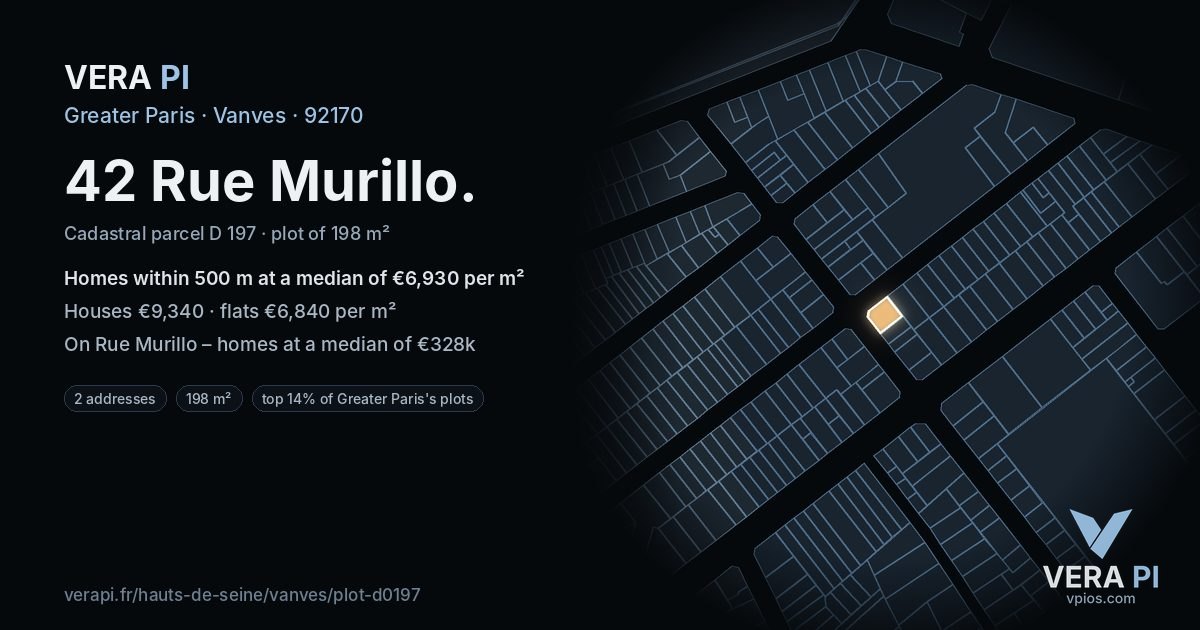 42 Rue Murillo, Vanves at night – the plot lit, the parcels around coloured by the prices near them